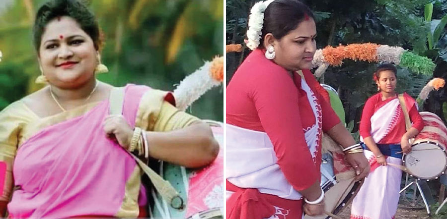 In some spaces, the dhaak has dismantled patriarchy. When the instrument entered Uma’s life nine years ago, it instilled a sense of power within her. “My family had no culture of women taking up music. Luckily, I was married into a family of dhaakis and it was my father-in-law who empowered me by teaching me how to play dhaak. That simple decision opened so many doors, and as a dhaaki, I have travelled to Goa, Assam and Silchar,” exclaimed Uma, a resident of Bidhan Pally, North 24 Parganas