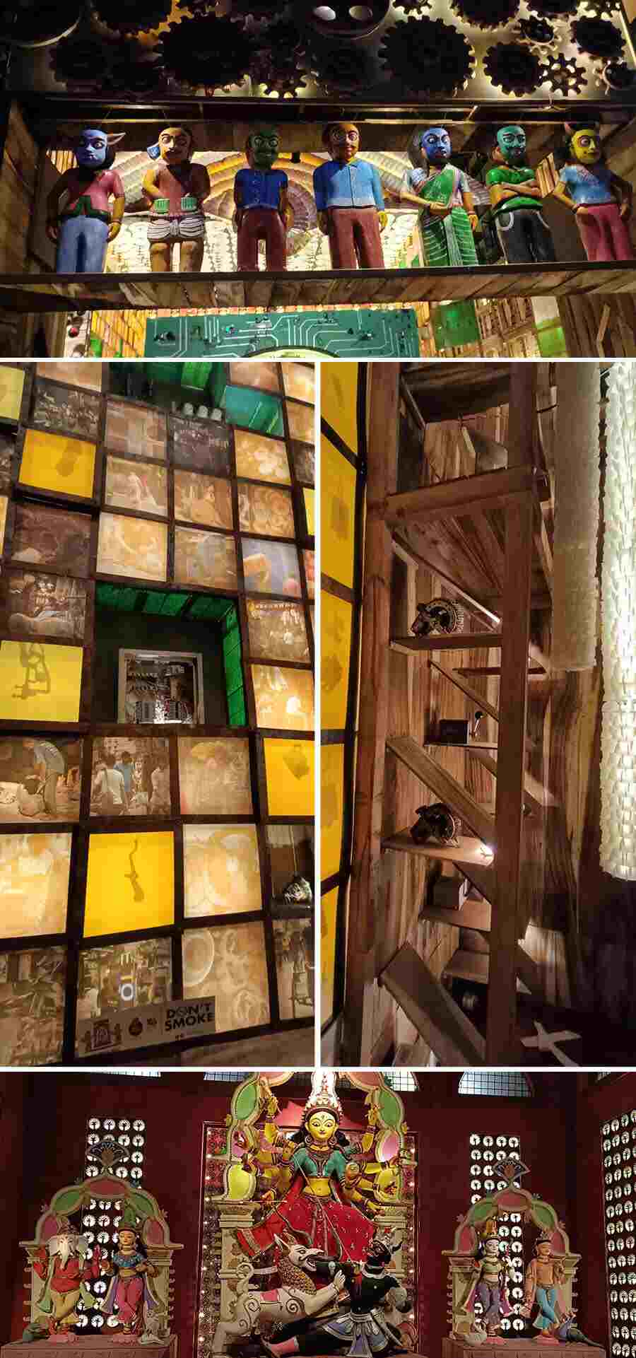 The theme for the 2024 Durga Puja at Wellington Nagarik Kalyan Samity is to create art using used electronic gadgets. The theme artist is Robin Roy, who has given new life to old machinery by incorporating them in the pandal decor. The Chandni Chowk region mostly has electrical equipment traders, who have let their scrap portray the struggles of livelihood 