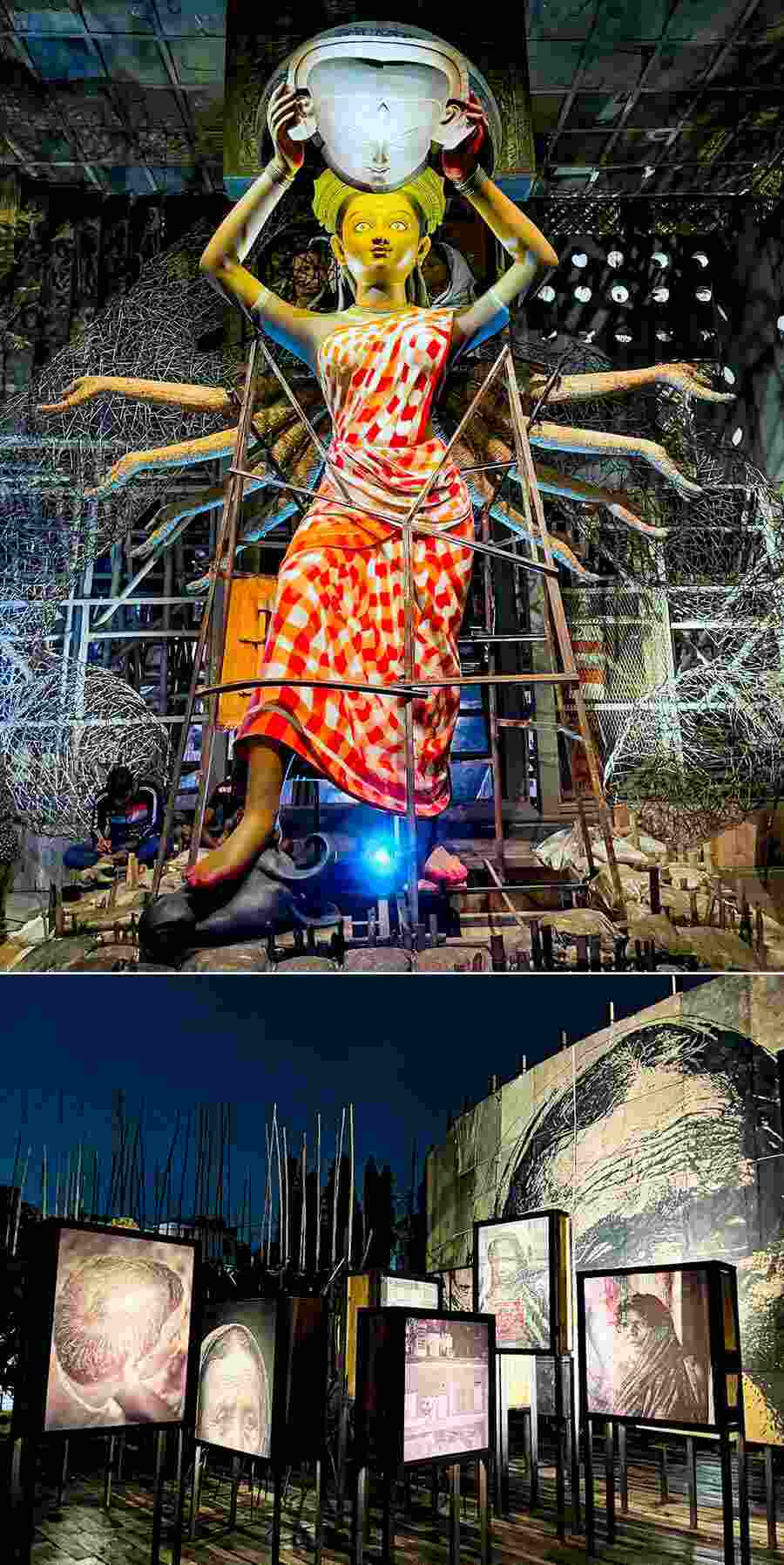 Under the theme ‘Aranyak’,  Behala Club Sarbojanin has portrayed the true coexistence of humans with nature in the Sunderbans through its Durga Puja pandal this year. the puja brought representatives from the Sunderbans for workshops, along with constituting a research and development team of 20 people to ensure authenticity 