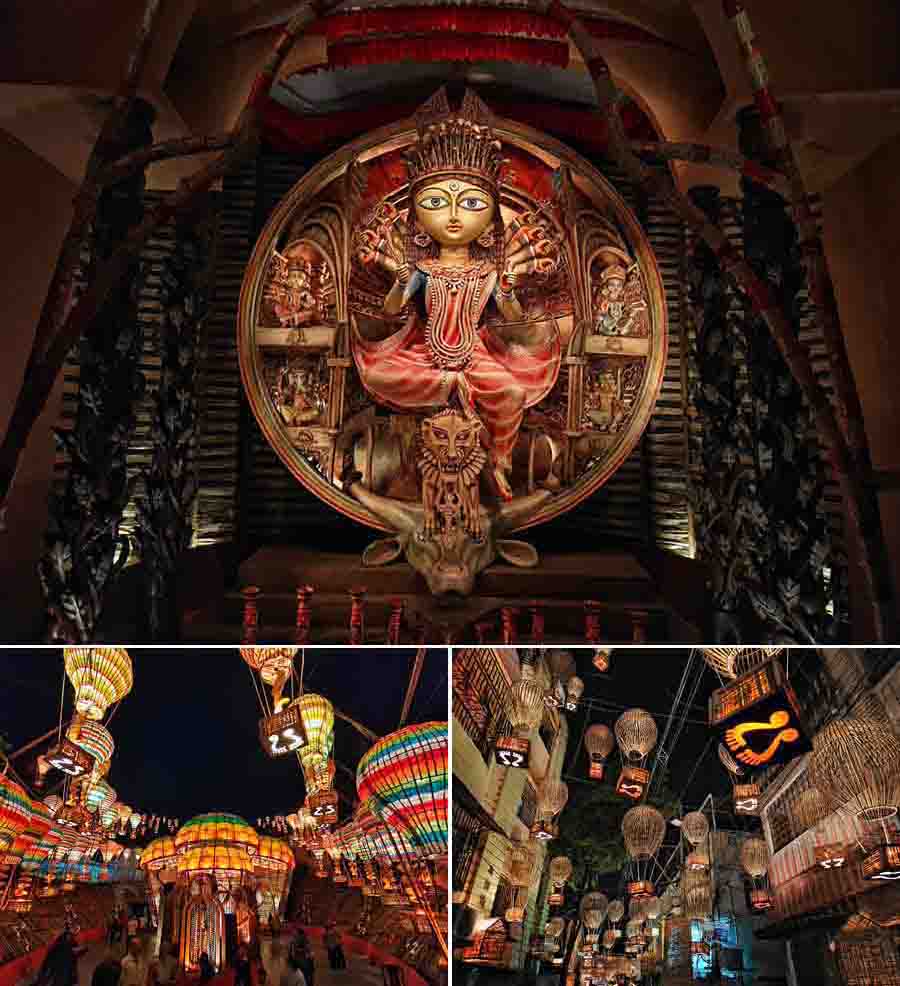 Baghajatin Tarun Sangha’s theme ‘Icche Dana’ this year uses huge, colourful gas balloon baskets made of wicker to take visitors on flights of fantasy. The idol is surely a showstopper