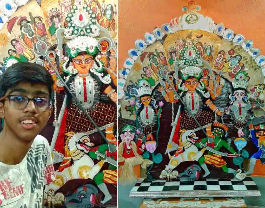 Sunrit Banik, a Class IX student of Aditya Birla Vani Bharati School in Hooghly’s Rishra, has made a Durga idol with paper and put it on a shelf. The teenager has shown promise in art through various works from a young age