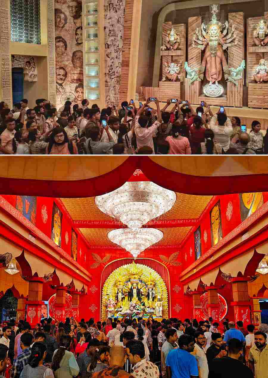 From the eager pandal-hoppers at Kumartuli Park in the north to the milling crowds at Maddox Square down south, people were out in droves on Panchami night on Tuesday 