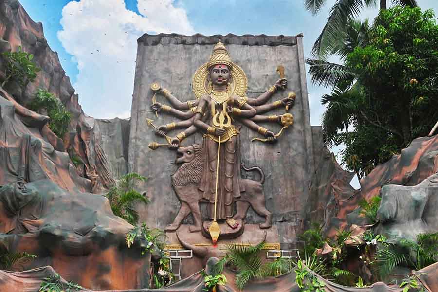 A 50-foot-tall Durga idol at the entrance of the Baruipur Saptapalli Durga Puja pandal on the southern fringes of the city