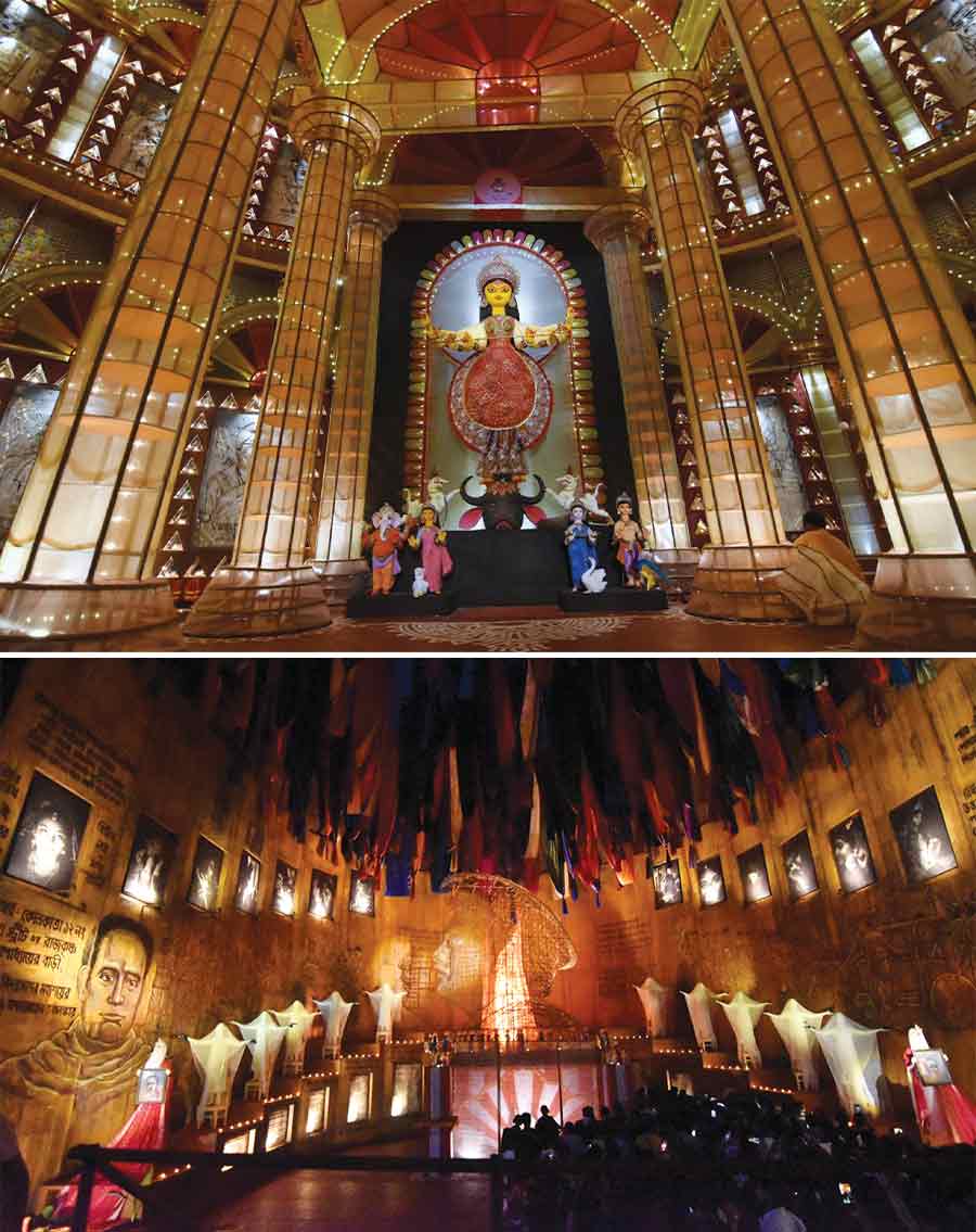 Through its theme ‘Ratnagarva’, Kashi Bose Lane focuses on the crucial role played by Bengal in abolishing the practice of Sati. It also makes a critical statemenr statement on the practice of child marriage still prevalent in parts of India. A larger-than-life image of Ishwarchandra Vidyasagar tries to convey the significant role he played in the abolition of Sati