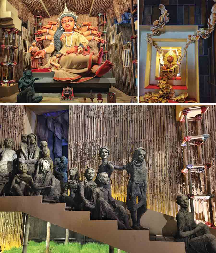 ‘Prosaic World- does man eat to live or live to eat?’ is the theme of the Telengabagan Durga Puja this year. In a world of 700 crore people, food for more than 100 crore is wasted daily. The pandal tries to project while a festival of food waste is celebrated, a group of people can only gaze at the sweet smell of food and hope for two handfuls of such taste 
