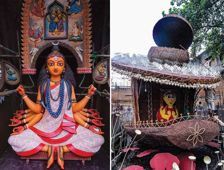 ‘Ikkhon’ (inner eye) is the theme of the Ajeya Sanghati Club in Haridevpur this year. An inverted eyelid welcomes visitors at the entrance under which the image of the goddess is seen once. At night, a projector casts the image of an eye suddenly opening up on the eyelid 