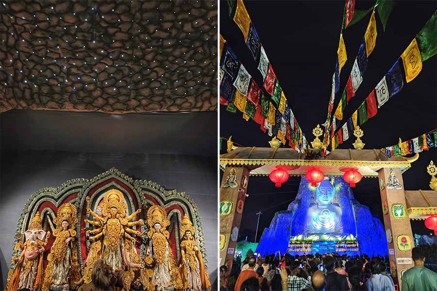 A giant Buddha statue welcomes visitors to the BJ Block Saradotsav puja in Salt Lake with a message for peace. The Buddha built in the style of rock-cut sculptures is modelled after the Big Buddha or Great Buddha in Phuket, Thailand, and the Leshan Giant Buddha in Sichuan province of China