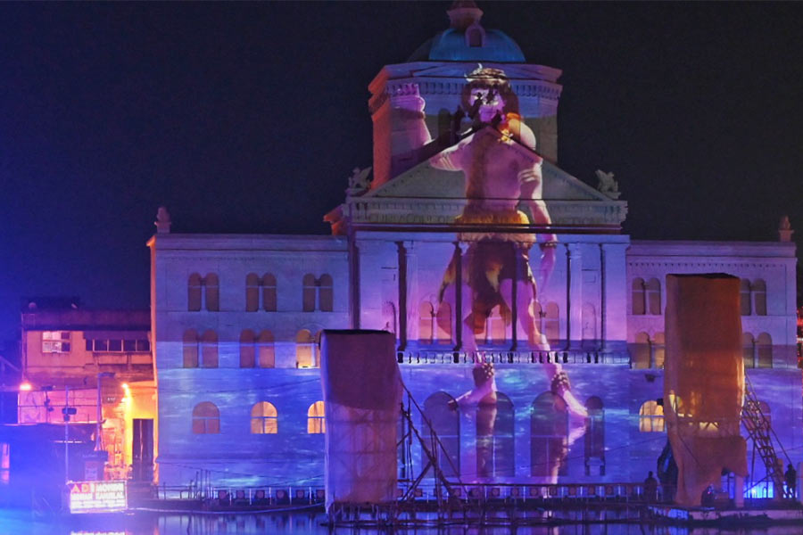 A 3D light and sound show at the College Square puja pandal in north Kolkata