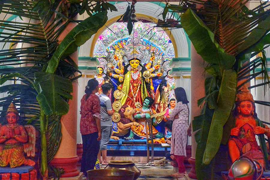 Durga arrives in all her resplendent glory at De Bari in Bolpur, Birbhum 