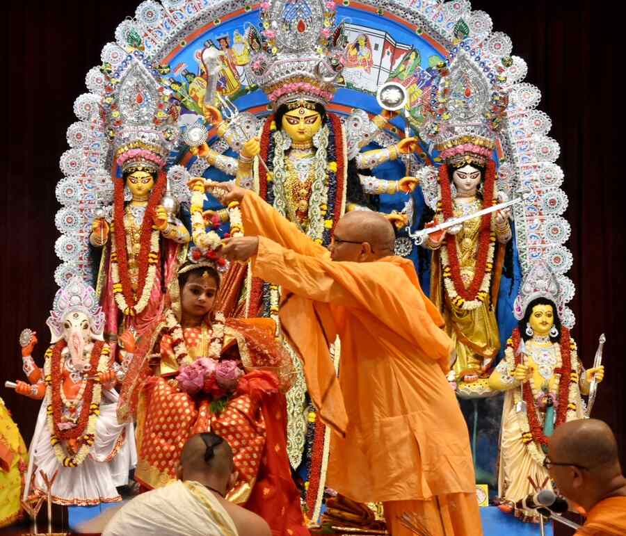 Kumari Puja being at Belur Math on Friday. This ritual was also held in other centres of Ramakrishna Math and Mission. A young girl, typically under the age of 10, is worshipped to honour the divine strength of Goddess Durga embodied in every girl   