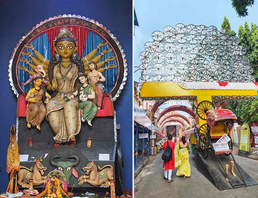 On the other hand, the theme at the Hindustan Club Sarbojanin Durga Puja pandal paid tribute to Kolkata’s iconic hand-pulled rickshaws and their pullers  