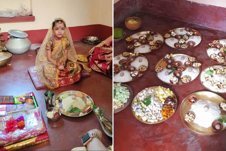 Kumari Puja on Ashtami, and strictly vegetarian food for the goddess are traditions of the Puja
