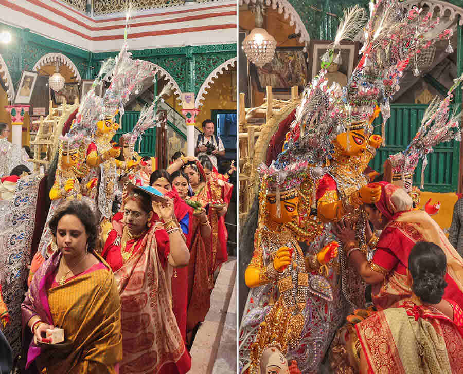 At the heritage house of Nursing Chunder Daw & Co in Burrabazar, women of the family gathered for Boron rituals before visarjan 