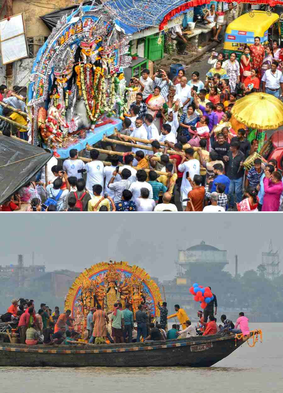 The idol of Sovabajar Rajbari was carried to Baghbazar Rajbari Ghat in a procession on Saturday. An iconic scene known to Kolkatans over the years is the idol of Sovabari Rajbari being carried on two boats before immersion in the Hooghly. The family’s tradition of flying a Neelkanth bird on Dashami has now been replaced by a symbolic ritual where a dummy clay model of the bird is tied to helium-filled balloons and released in the sky 
