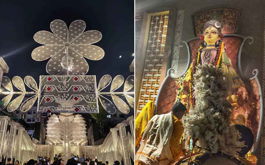 People queued up at the pandals on Navami night for a last round of pandal hopping before Dashami’s curtain call for Durga Puja 2024. In pictures, Dum Dum Park Bharat Chakra pandal portrays the theme ‘Jamdani’ by designer Aditi Chakrabarty  