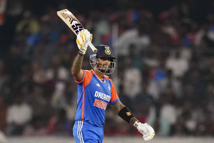 India's captain Suryakumar Yadav celebrates his half century during the third and final T20 International cricket match between India and Bangladesh at Rajiv Gandhi International Cricket Stadium, in Hyderabad, Saturday, Oct. 12, 2024.