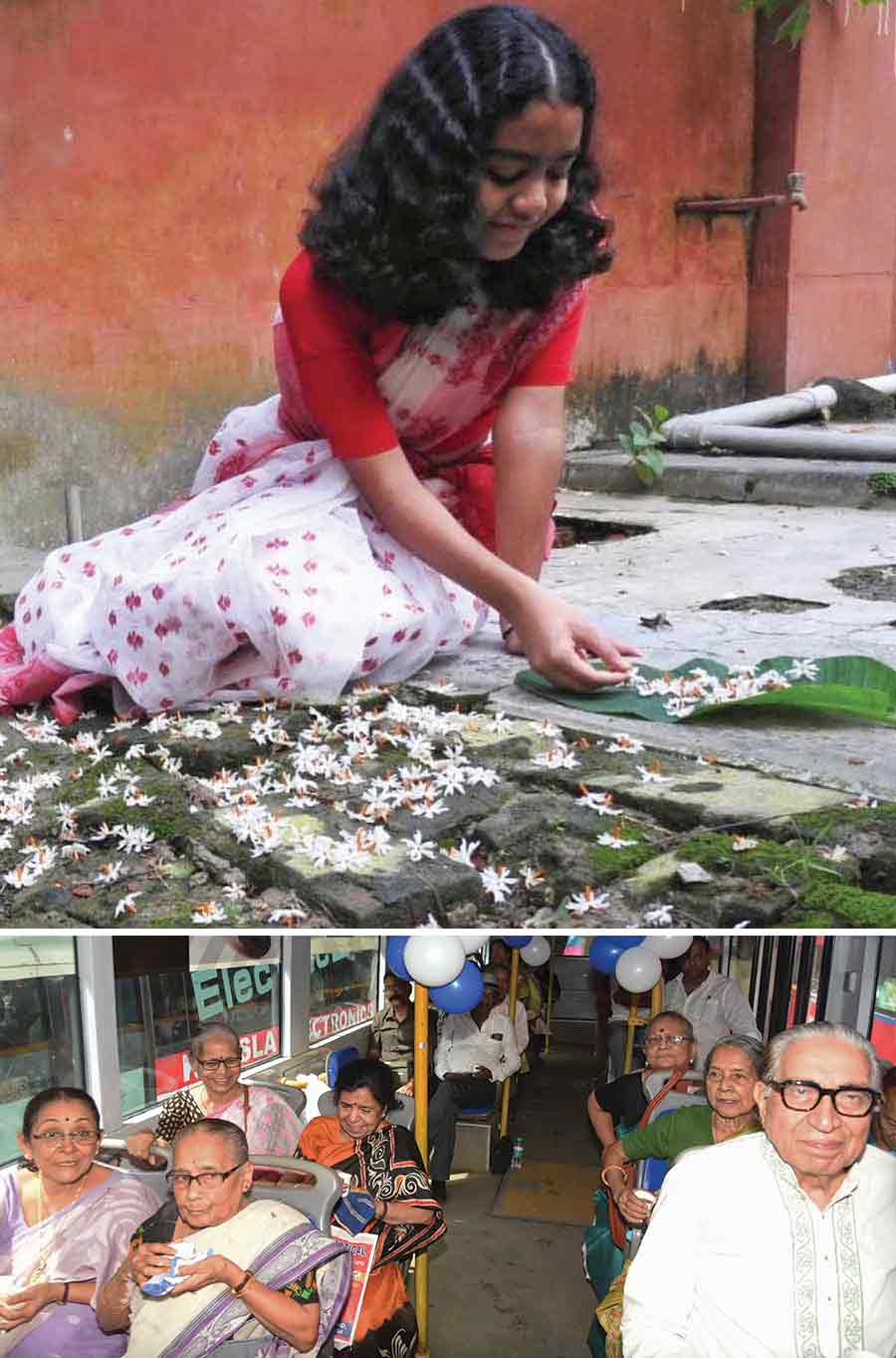 (Top) A young girl collects shiuli flower in a traditional ‘lal par sada’ sari on Chaturthi morning on October 7 and (above) seniors aboard a special Puja Parikrama 2024 bus flagged off for Pronam members by Kolkata police commissioner Manoj Kumar Verma 