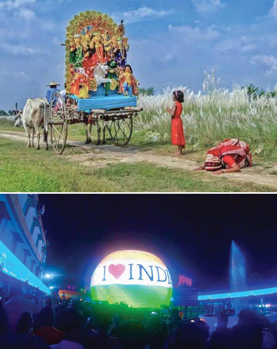 (Top) A traditional Durga idol rides a bullock cart on her way to an ‘aatchala mandap’ on Panchami morning from amid fields of white ‘kaash phool’, in Nadia district and (above) crowds mill around Santosh Mitra Square pandal themed as ‘Sphere of Las Vegas’ in Sealdah