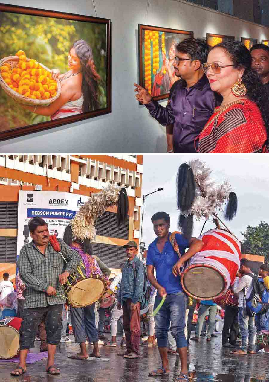 (Top) Actress Mandakini inaugurated a photography exhibition on Durga images by artist Anupam Haldar at Academy of Fine Arts on Tuesday evening and (above) ‘dhakis’ arrived from villages to Sealdah station on Sasthi morning on October 9 and solicited puja committee members by playing their best beats