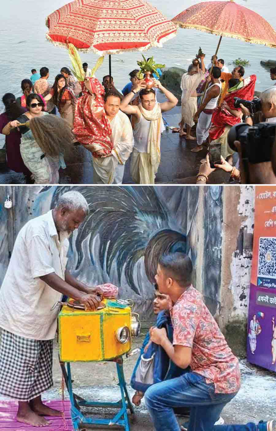 (Top) Devotees return after performing ‘navapatrika’ puja or ‘kolabou snan’ rituals in the Hooghly on Saptami and (above) Children watch short clips in an old-fashioned bioscope. This man from Ekbalpore travels around puja pandals with this olden contraption
