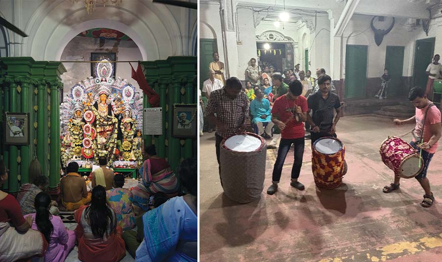 While the ‘thakur dalan’ often becomes a lively spot for ‘adda’ and photo sessions when the purohit isn’t chanting prayers, the ‘pujo path’ is a moment of reverence when everyone sits quietly, observing Maa Durga’s prayers, and seeking blessings for health and happiness. The dhaakis too have been a crucial part of the ‘pujo’ since its inception, with the same family playing the melodious beats through generations.