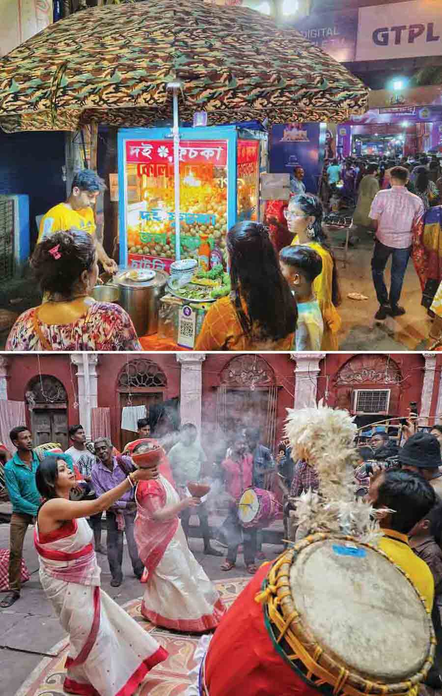 (Top) On Nabami (Friday) night, pandal-hoppers relish Kolkata’s iconic ‘phuchka’ at a stall in Dum Dum Park and (above) members of Harakutir Ray Banerjee Bari on Pathuriaghata Street perform the ‘dhunuchi naach’ (dance) in reverence of the goddess on Saturday