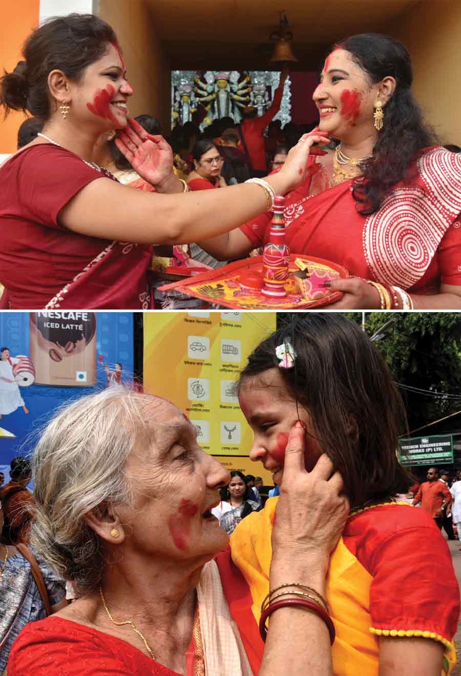 (Top) Women smear each other with ‘sindur’ (vermilion) at Bagbazar Ghat in north Kolkata during idol immersion and (above) an elderly woman showers love and affection on a darling ‘little Durga’ nearby  
