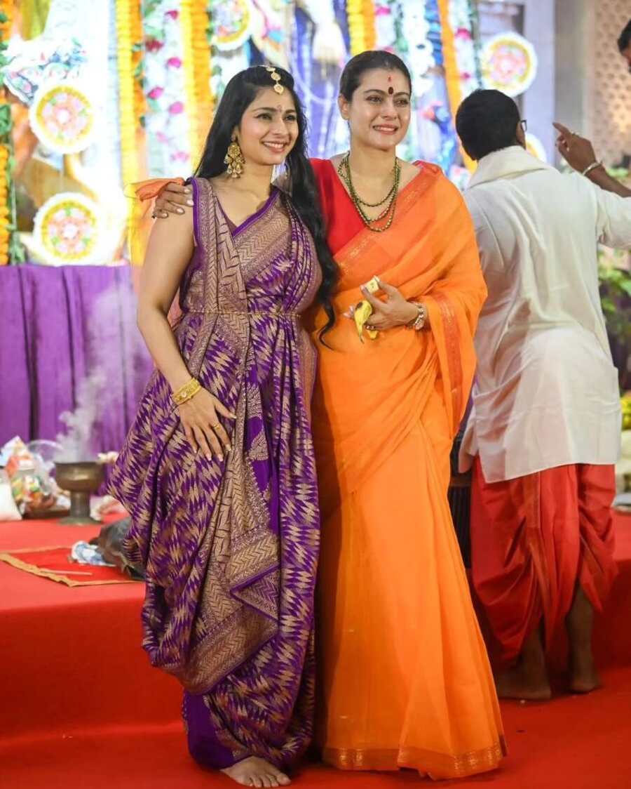 Kajol, who indulges in the festivities at her family’s North Bombay Durga Puja pandal every year, posed for the lens with her sister Tanishaa. The Do Patti actress also shared heartwarming moments with her son Yug, cousin Sharbani Mukherji and actor-couple Vatsal Sheth and Ishita Dutta’s child. Her husband Ajay Devgn, who is currently awaiting the release of his upcoming Rohit Shetty-directed Singham Again, also joined Kajol and their son Yug at the pandal.