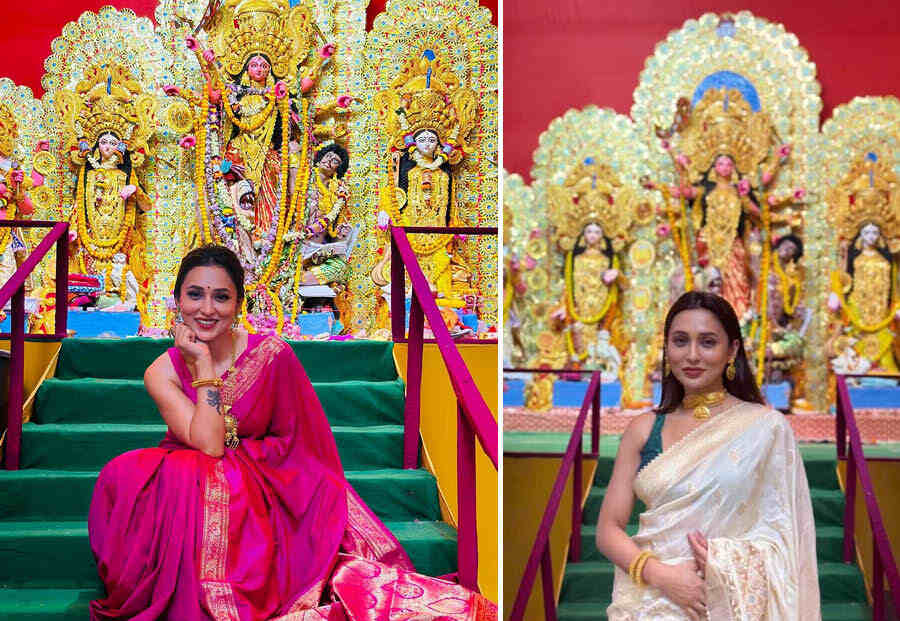 Toofan actress Mimi Chakraborty looked radiant in a pink sari on Nabami. Minimal makeup, golden jewellery and a black bindi rounded off her look. Mimi, who mostly spent time with her family members throughout the festival, went for a cream coloured sari paired with a teal sleeveless blouse for one of the Puja days.