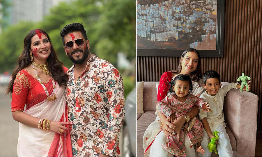 In a white sari with red borders, Subhashree Ganguly looked stunning while posing with her husband Raj Chakraborty for a picture on Dashami. The couple were all smiles as they indulged in sindoor khela. On Shaptami, they enjoyed quality time with their son Yuvaan and daughter Yaalini at a Durga Puja pandal.