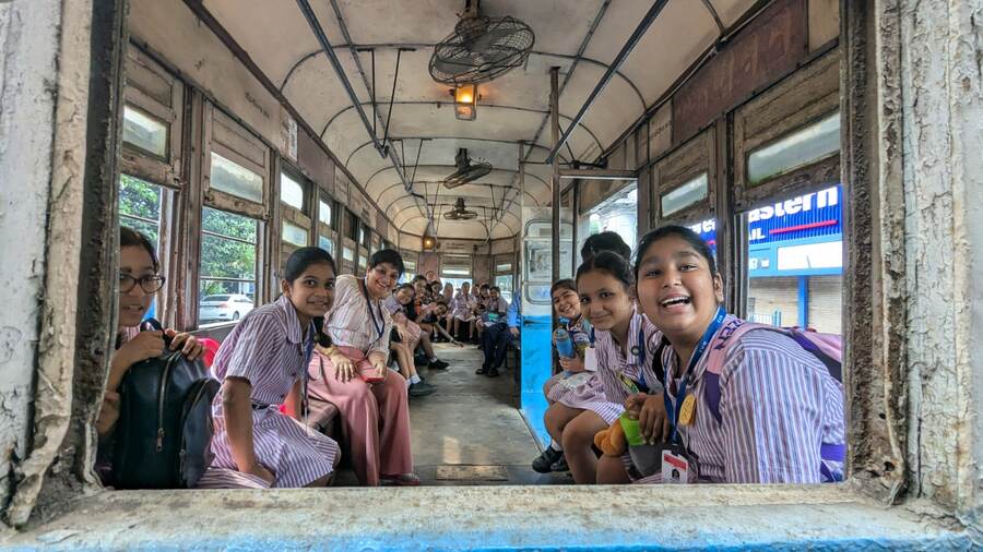 The clanking and squeals of the tram, the wooden seats and the wide, open windows provided an old-world charm, making the ride feel like a live classroom. Abhipsha Mitter, a student of Class IV, had a memorable day. Sharing her experience, she said: ‘It wasn’t my first tram ride. Two years ago, my parents and grandmother had taken me on a Puja Parikrama ride on an AC tram from Esplanade to Shyambazar. This time, it was super fun with my classmates. We took two trams from our school doorstep to Esplanade tram depot and back. Our class teacher had told us that the 150-year-old Calcutta tram service was being withdrawn. We carried dry snacks to munch on the way. The best part was it was a book-free day for us! I’ll cherish this memory forever’