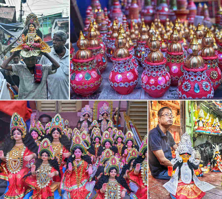 Monday was a hectic day at Kumartuli for buyers, sellers and porters. A wide array of puja paraphernalia was on sale along with eye-catching idols of the goddess. Lakshmi Puja will be celebrated on October 16 this year
