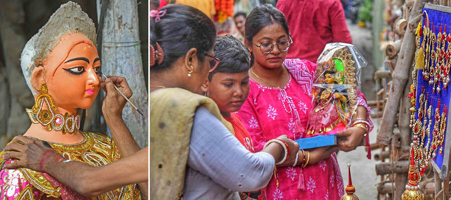 An artist lends finishing touches to an idol of Lakshmi at Kumartuli and (right) women choose ornaments for an idol they bought nearby