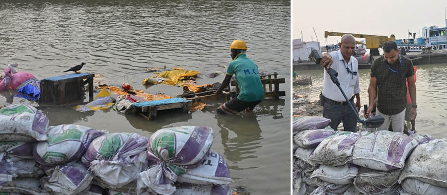 A Kolkata Municipal Corporation employee salvages the remains of an immersed idol at Baje Kadamtala Ghat, while (right)  security checking at Babu Ghat during immersion. 