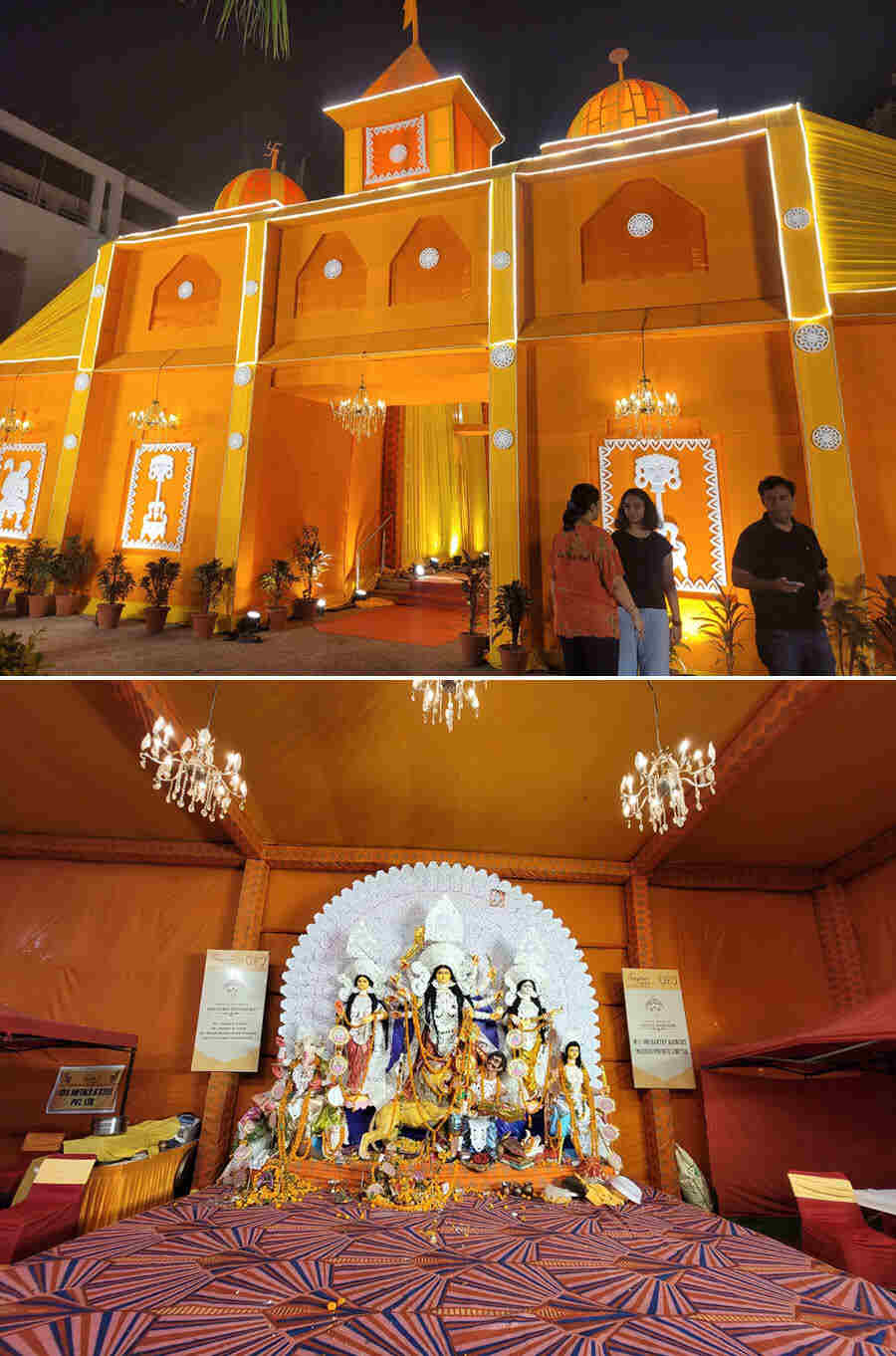 The simple pandal and ‘ekchala thakur’ adorned in ‘sholar saaj’ at Nirvana Patio’s Durga Puja in sector 50 reminded visitors of Kolkata’s ‘para pujos’  