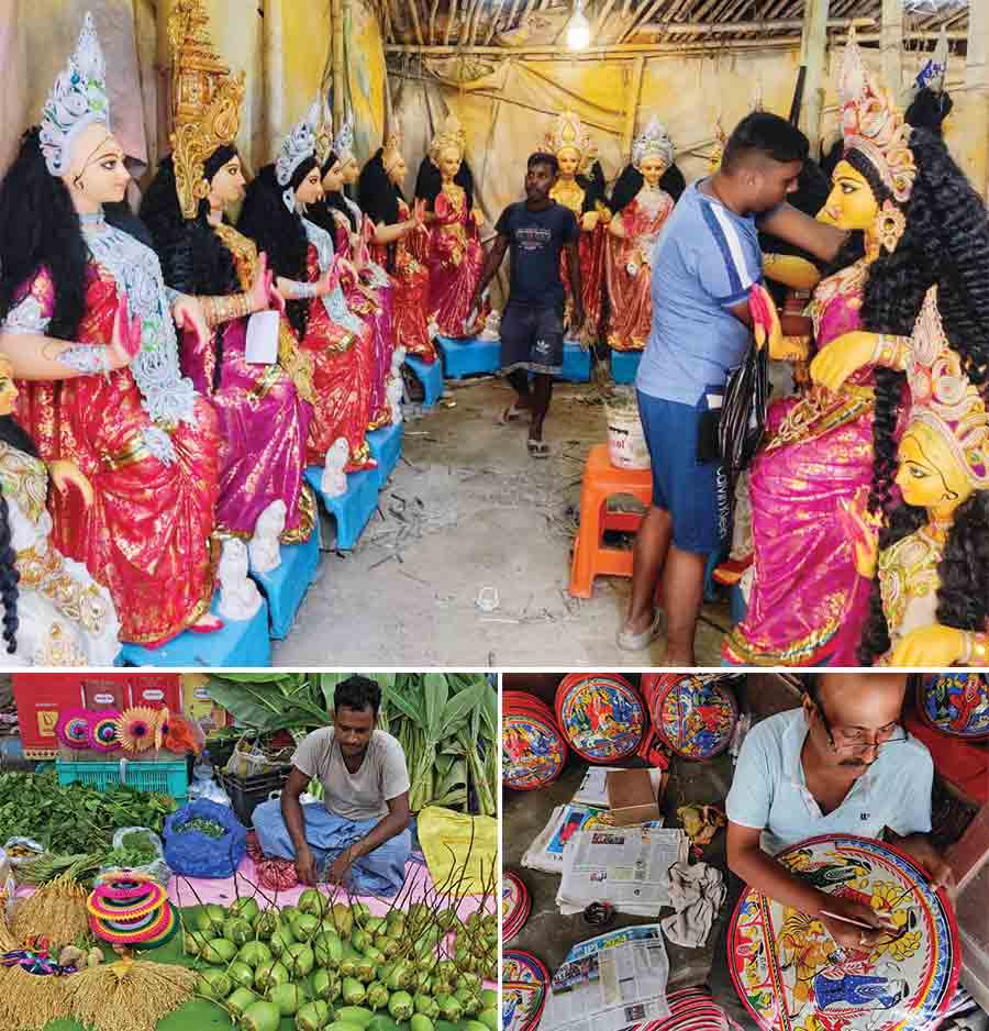 (Clockwise) Artisans race against time trying to complete Lakshmi idols and ‘pots’ (wall plates) in Kumartuli, and a man sells green coconut, paddy seeds and other paraphernalia for Lakshmi Puja waits in Bowbazar
