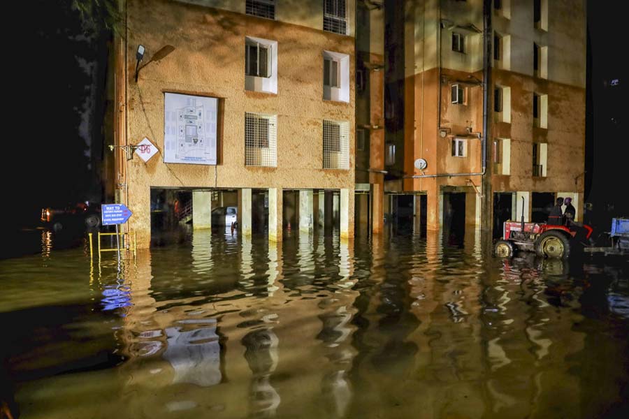 A waterlogged residential society after heavy rainfall in Bengaluru.