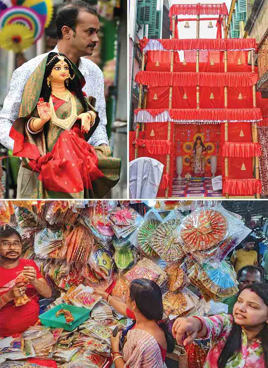 The ‘mahurat’ for Lakshmi Puja starts on Wednesday evening and (above) last-minute shoppers crowd at a shop in north Kolkata. (Top) A pandal of Unoyan exudes elegance at Serpentine Lane close to Santosh Mitra Square