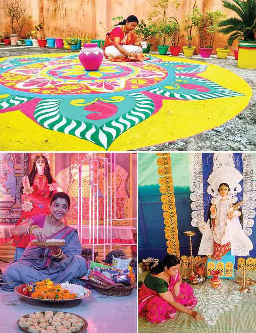 (Clockwise) A woman applies alpona at the Das family residence in Dakshin Barasat on Wednesday and actor Devlina Kumar prepares to perform Lakshmi Puja at her residence 