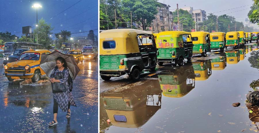 Early evening rain in some parts of the city spread to (right) other parts as this commuter rushes back home balancing the umbrella and negotiating the traffic