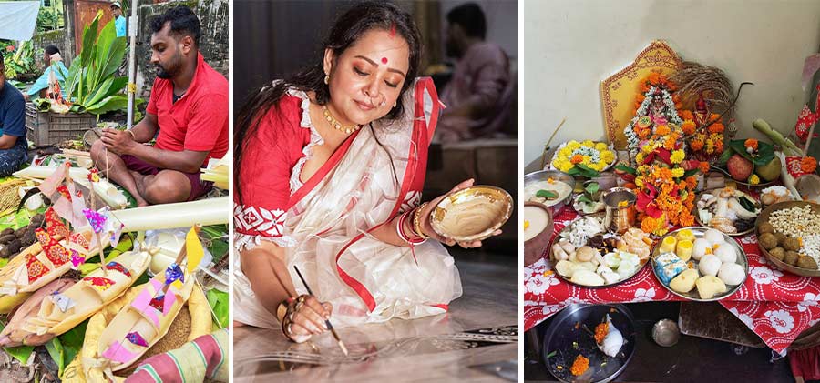 (From left) Boats made of banana stem on sale for Lakshmi Puja; actor Aparajita Adhya applies ‘alpona’ at her residence and sweets and other delicacies offered to the goddess at a north Kolkata home