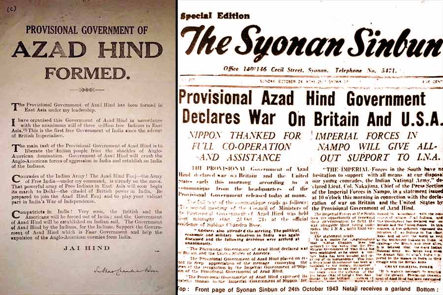The document of declaration of Free India undersigned by Bose and (right) the cutting of a newspaper article on the formation of the provisional government