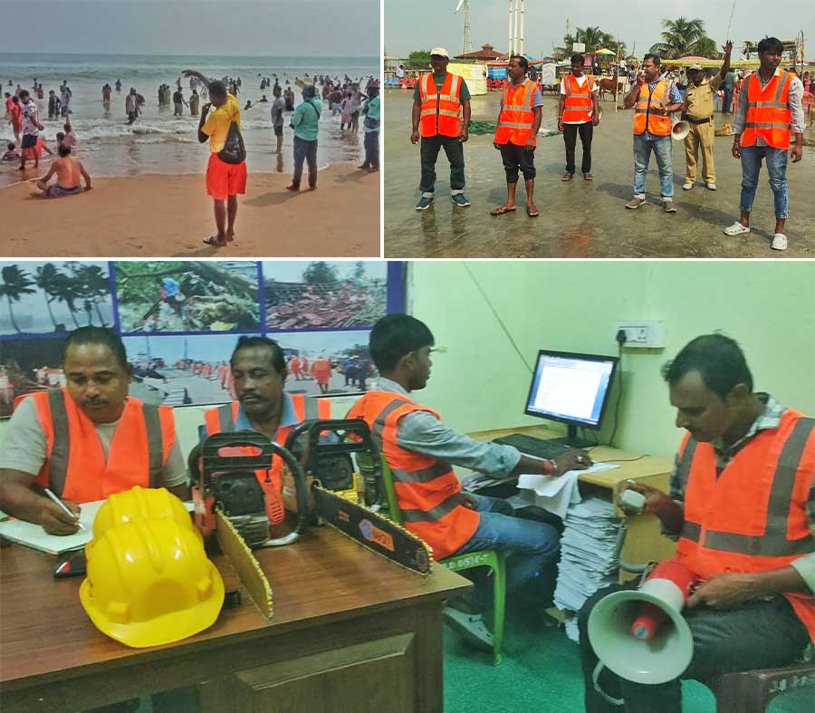 (Clockwise from top left) A lifeguard whistles to warn bathers from venturing too deep into the sea at the Puri golden beach and civil defence workers carry out micing in Sagar Islands of South 24 Parganas while the control room at the block development office monitors Cyclone Dana