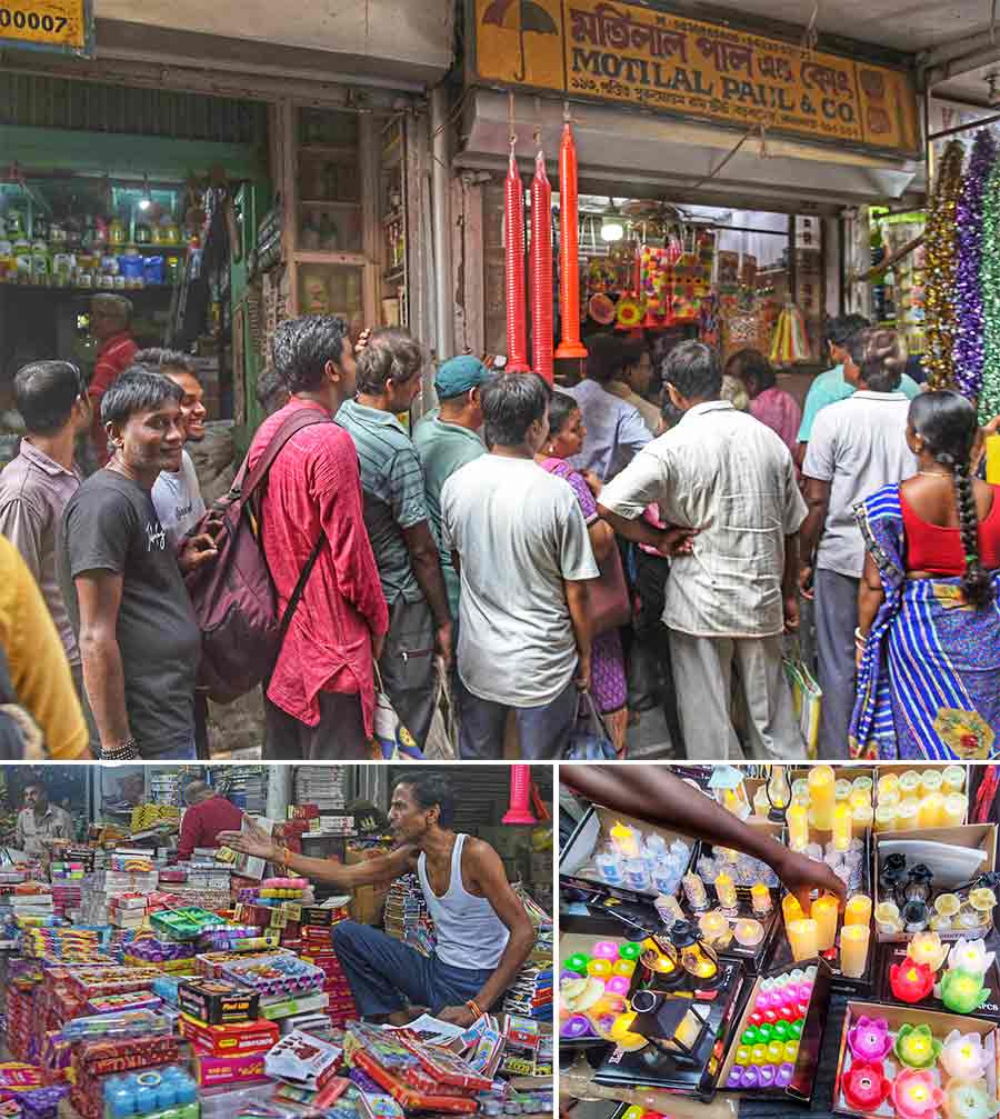 (Top) People queue up to buy candles for Kali Puja and Diwali at Pandit Purushottam Roy Street in Burrabazar and (above) a candle seller at Old China Bazar Street offers a wide array of diyas and candles
