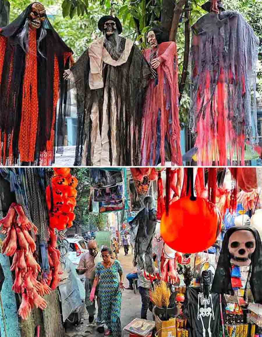 Halloween props on sale at a Mirza Ghalib Street shop near New Market on Tuesday evening.  It is a celebration observed in many countries on October 31 this year, the eve of the Western Christian feast of All Hallows’ Day