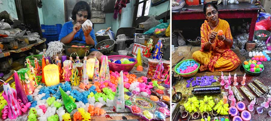 Candle-making ahead of Kali Puja and Diwali is a cottage industry for this Mukherjee family of north Kolkata, where seniors and juniors all play their respective roles with dedication