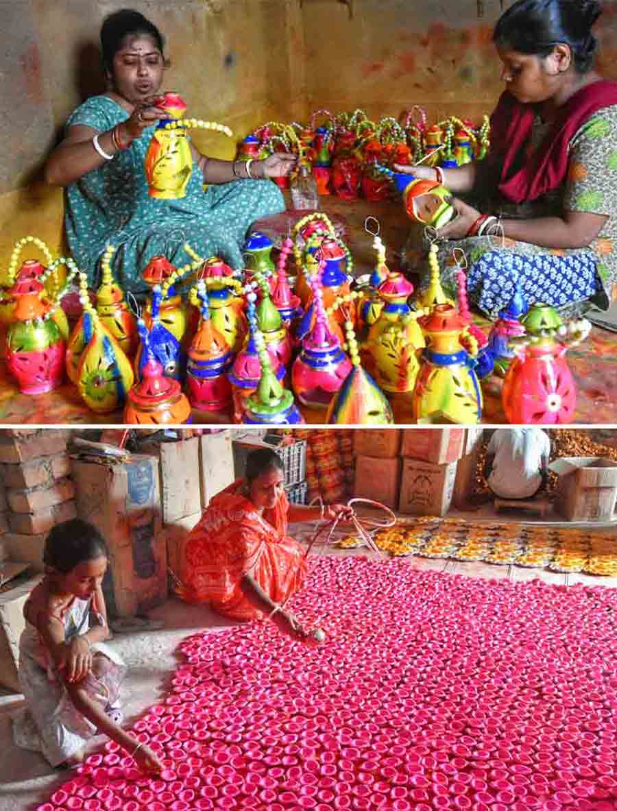 Women of Duttapukur in North 24-Parganas district make different varieties of brightly coloured earthen lamps for Kali Puja and Diwali