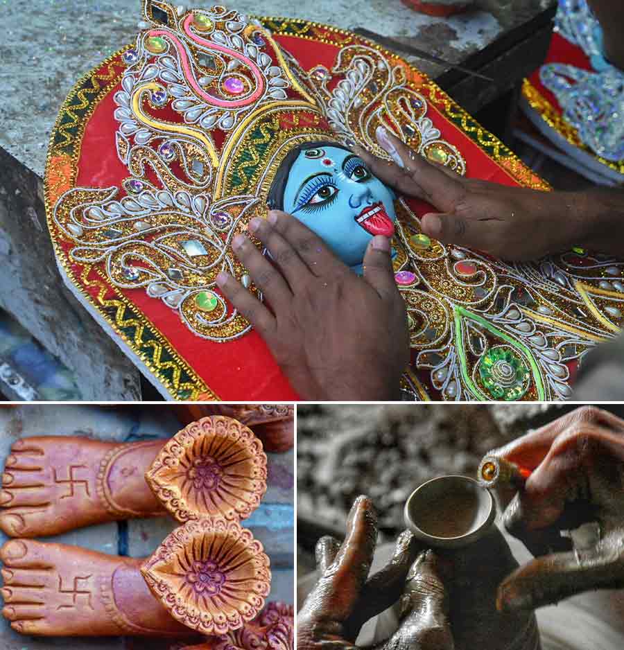 From Kumartuli to Duttapukur, from embellishments for Kali’s face to a potter’s hands shaping stylised clay lamps, the final week in the run-up to the festival of lights seems hectic for every artisan 
