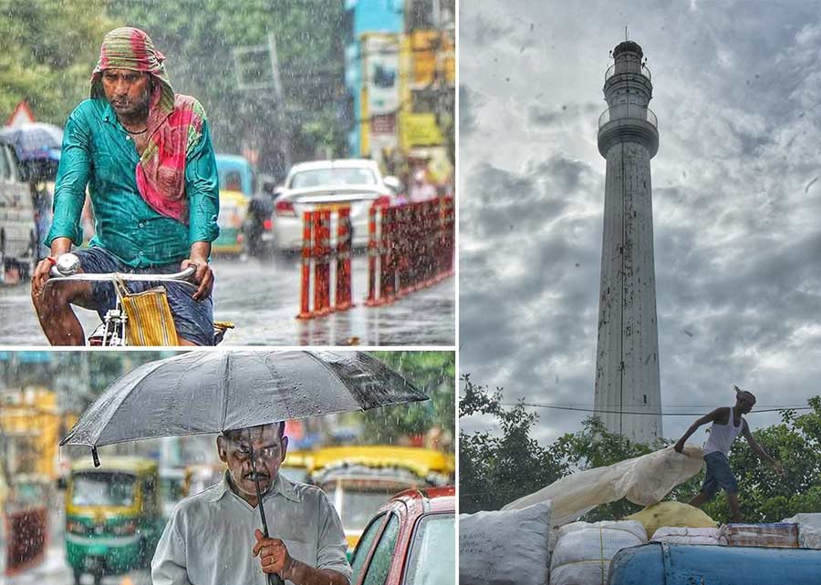 Commuters in Kolkata brave the rain triggered by the ensuing Cyclone Dana, on Wednesday and (right) a worker rushes with a polythene sheet to cover goods loaded on the roof of a long-distance bus at Esplanade