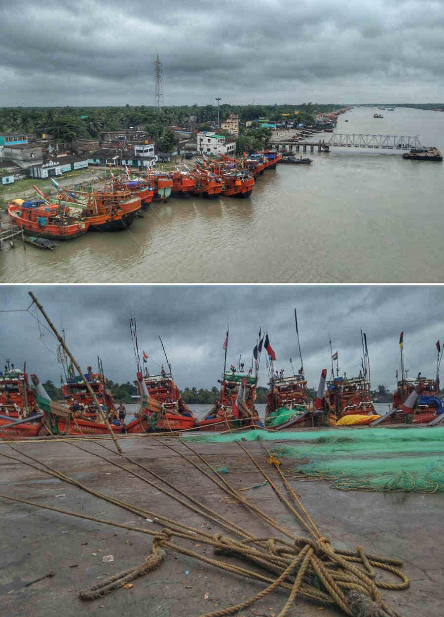 All fishing trawlers on Hataniya river were seen tied together to the shore at Namkhana in South 24-Parganas district on Thursday